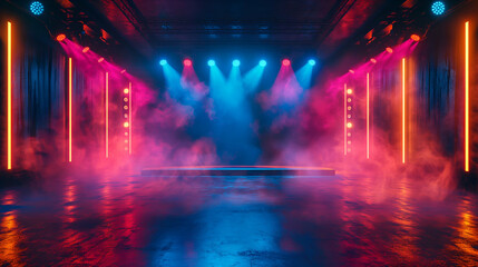 Obraz premium Concert Stage Lights Pink Blue Smoke, Industrial Grunge Background with Energy.