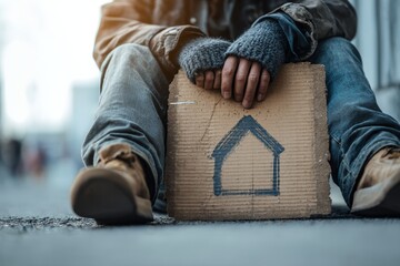 Young homeless man holding cardboard sign with house symbol in street close up photography