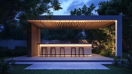 Modern outdoor bar area under a pergola at twilight.