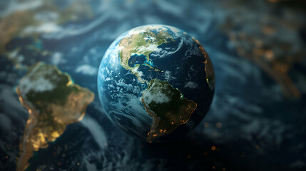 3D Earth Globe High-Res Planet Render, Realistic Night Lights World Map.