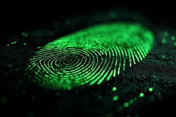 Digital green fingerprint on black background with bokeh  symbolizing security and innovation