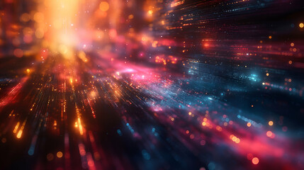 Color Particle Field Glowing Energy Rays, Futuristic Tech Background Design.