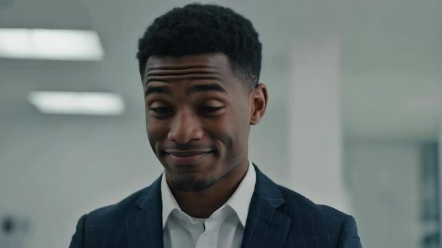 Close-up of Smiling African American man wearing a suit, indoors with modern lighting expressing slight sarcasm or skepticism.