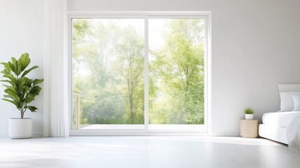 Bright, airy bedroom with large window overlooking a garden.  Natural light floods the space, creating a serene and peaceful atmosphere.  Simple, modern design with white walls and floors.