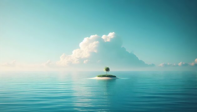 One palm tree standing on tiny island in expansive teal ocean with soft cloudy sky and quiet tropical mood