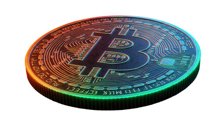 3D colorful digital bitcoin coin isolated on white background, ideal for cryptocurrency visuals, blockchain finance concepts, digital currency promotion, and modern fintech graphics