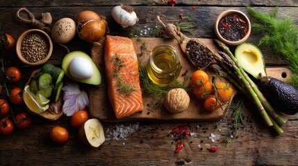 A rustic overhead shot of fresh ingredients for a healthy meal, including salmon, vegetables, and eggs, arranged on a wooden surface.