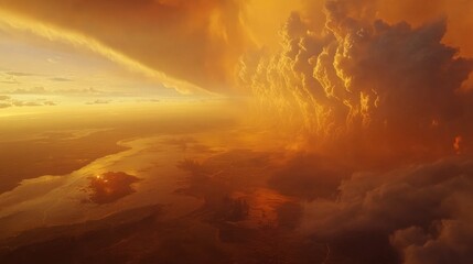 Fototapeta premium Fiery orange clouds dominate a dramatic sunset view.