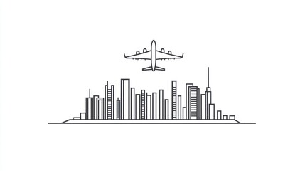 Obraz premium Simple Line Art Airplane Above City Skyline. Possible Use Stock Photo