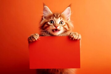 Pet face near sign. Isolated baby feline on a solid attire bright orange background. Ð¡ute cat maine coon hold in front paws a prototype - large red way sign. Cat photo ad. Animal isolated p.