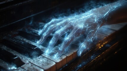 Magical Piano Performance, A Hand Illuminating the Keys with Blue Energy and Light creating a Ethereal Musical Experience