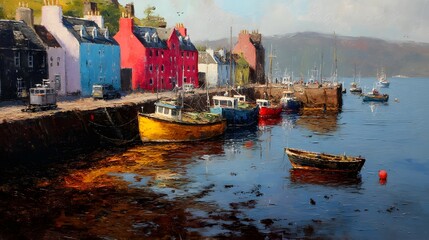 Fototapeta premium Vibrant harbor scene of colorful houses and boats on the Scottish coast.