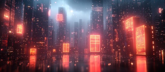 Fototapeta premium Futuristic cityscape with glowing neon buildings and reflections, a digital metropolis vision