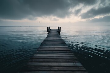 Fototapeta premium Dark Moody Wooden Dock Extending into Calm Lake Under Gloomy Sky