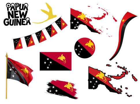 Big set of Papua New Guinea ribbons, symbols, icons and flags isolated on a white background, Made in Papua New Guinea, Welcome to Papua New Guinea, Papua New Guinea color