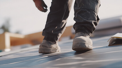Fototapeta premium Construction Worker Walking on Solar Panels