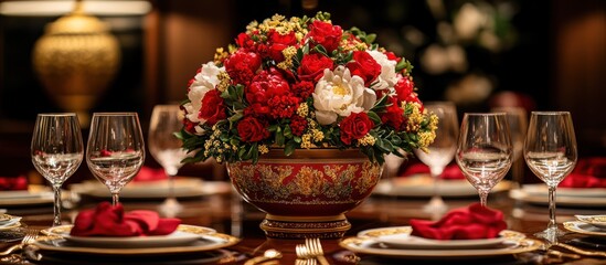 Fototapeta premium Elegant red & white floral centerpiece on luxury dinner table