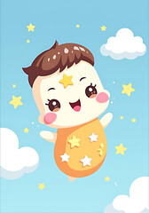 Fototapeta premium Happy cartoon baby floating in the sky with stars and clouds