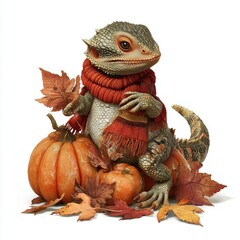 Fototapeta premium Cute lizard in a scarf sits among pumpkins and autumn leaves during fall festivities