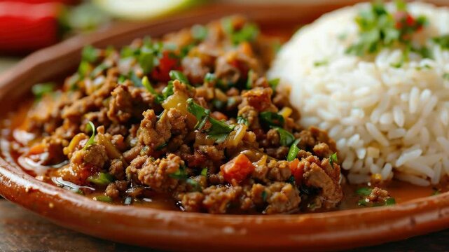 A hot, beef-based chili stew served with spicy rice and garnished with cilantro.