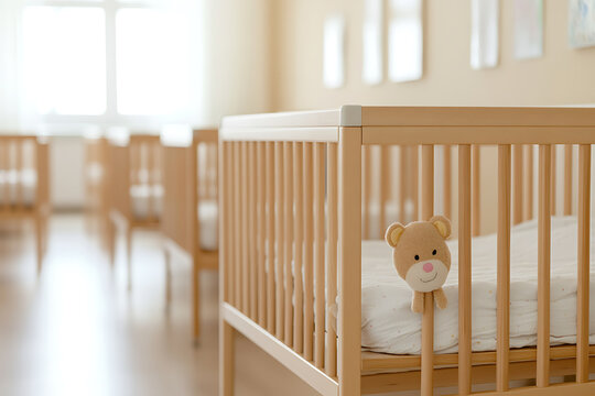 A tranquil room with rows of wooden cribs, sunlight streaming in, and a small teddy bear adding a touch of comfort. Ideal for nurseries and childcare settings.