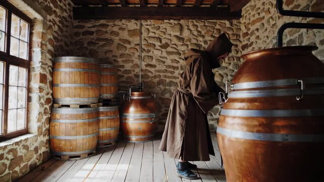Monk inspecting copper still in distillery with oak barrels