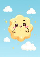 Fototapeta premium Smiling cartoon cookie with clouds on blue background