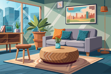 vector of Wooden pouf table in modern living room with painting above gray corner bench. real photo