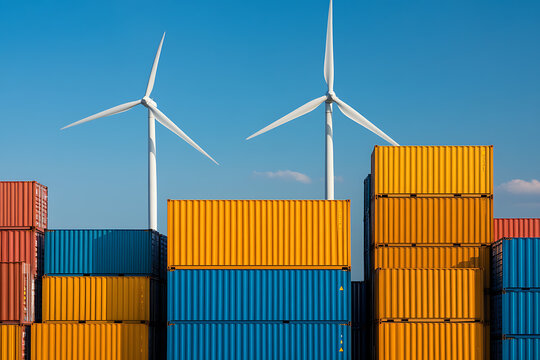 Wind turbines and shipping containers depict sustainable transport and global trade in a modern, eco-conscious world. Clean energy powers logistics.
