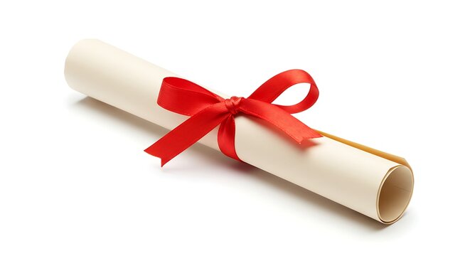 A rolled diploma tied with a red ribbon, a symbol of achievement, on a white surface.