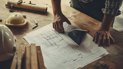 Architect Reviewing Blueprint with Digital Tablet