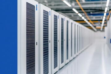 Server Room: Rows of computer servers in a high-tech data center for storage and processing. Network infrastructure featuring blue and white panels in a long row.