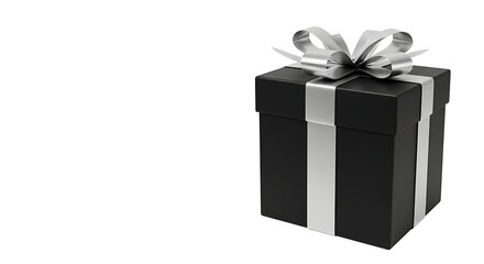 A striking black gift box with a delicate silver ribbon and bow on a clean white backdrop.