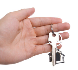 Real estate agent with house key on white background, closeup