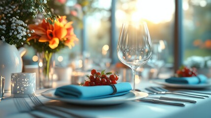 Elegant dinner table setting with vibrant flowers and candles, showcasing a warm evening ambiance