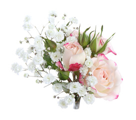 Bouquet with beautiful gypsophila and roses on white background