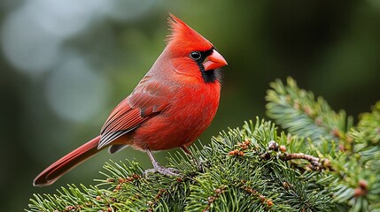 Male Northern Cardinal perched on evergreen tree branch