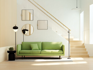 A cozy living room featuring a green couch along with stairs