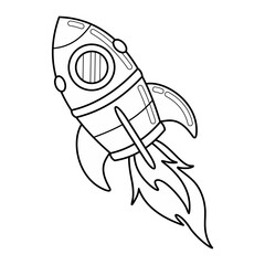 Outline cartoon space rocket flying. Spacecraft fly. Baby vector illustration of contour space ship. Isolated black and white spaceship on white background. Clipart on a cosmos theme.