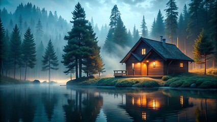 Fototapeta premium A cozy wooden cabin by a still lake on a foggy morning, surrounded by pine trees, with soft light filtering through the mist 