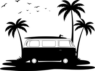 Minibus, surfboard and palm trees icon. Camper, minivan. Black silhouette. Front side view. Vector simple flat graphic illustration. Isolated object on white background