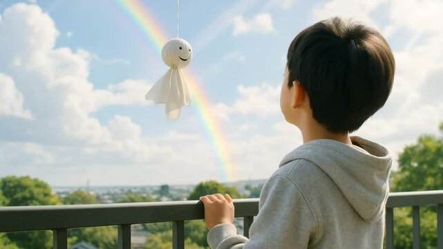 虹と晴れ間を見つめるフード姿の少年とてるてる坊主