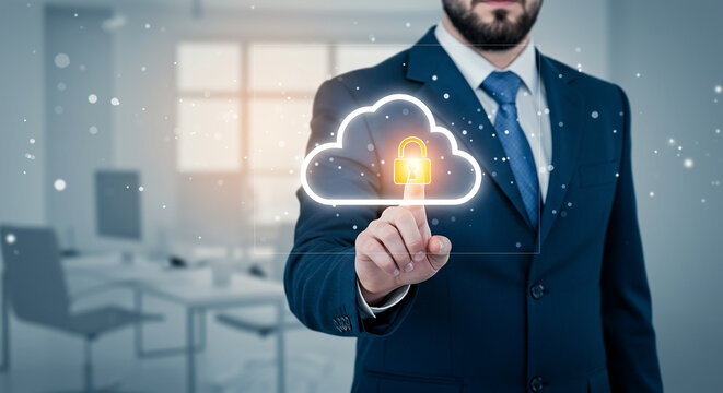 Businessman touching a glowing digital cloud padlock icon, symbolizing cloud security, data protection, and advanced cybersecurity measures in modern business environments.