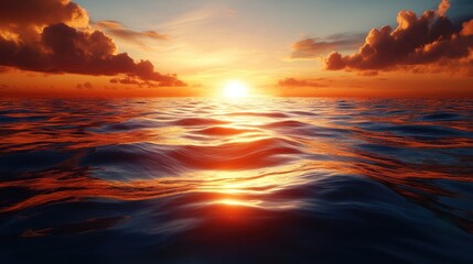 Fototapeta premium Majestic Ocean Sunset, Golden Reflections on Calm Waters and Cloudy Skies