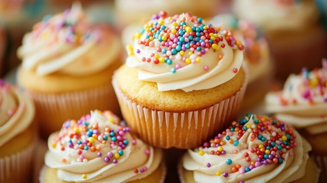 A stack of cupcakes with colorful sprinkles at a childrenâ€™s birthday party --ar 16:9 --v 6.1 Job ID: 9aeda322-351a-4f93-9b91-3953d6b3734d