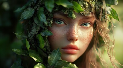 A beautiful woman surrounded by lush green natural foliage