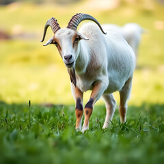 Obraz premium Goat Grazing Peacefully in a Lush, Green Open Field