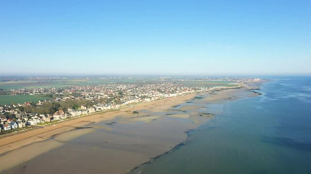 The expansive and bright Sword Beach in Europe, France, Normandy, near Caen, in Lion-sur-Mer, in spring, on a sunny day.&nbsp;