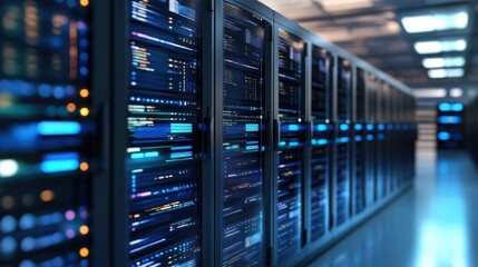 Data center featuring rows of server racks illuminated with blue lights