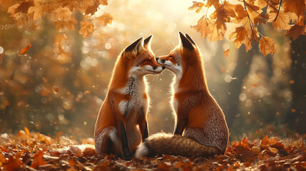 Two Foxes Embracing in a Sunlit Autumn Forest  